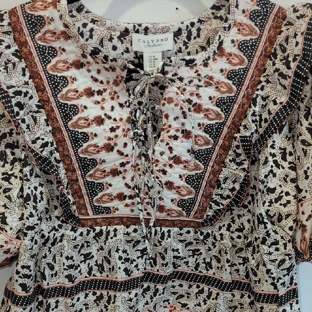 Calypso St. Barth Cotton Ivory Floral Ruffle Tie Up Boho Peasant Blouse Medium - Picture 3 of 6